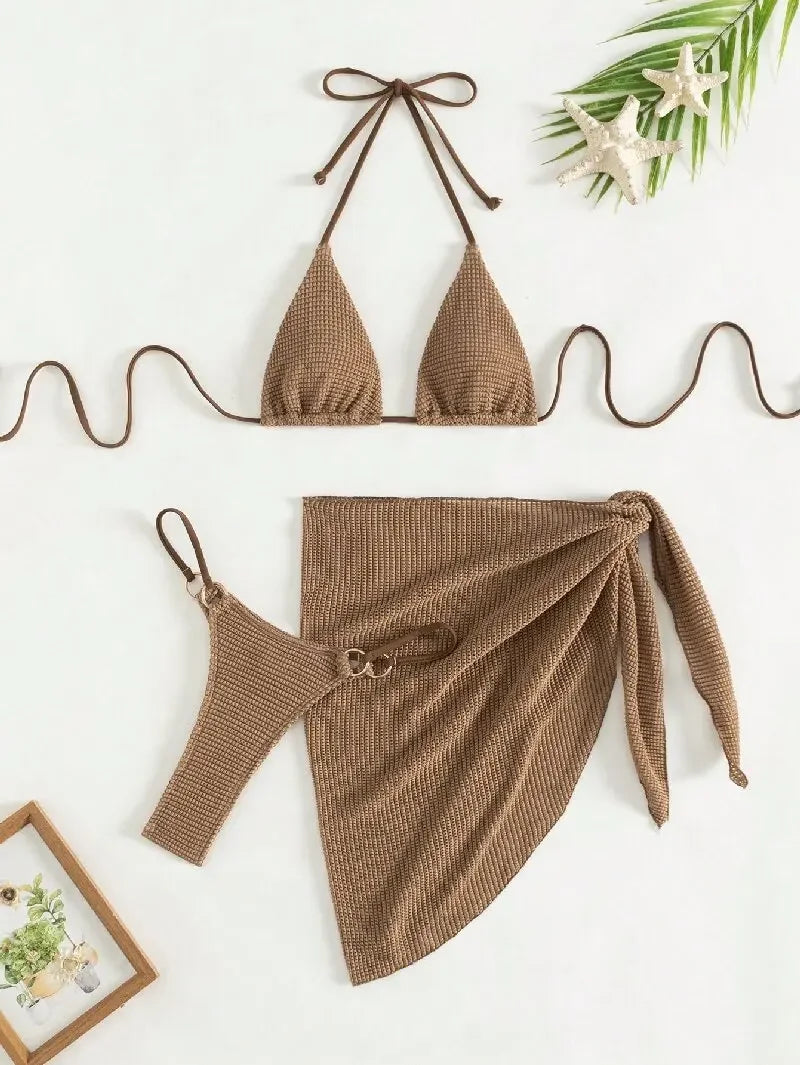 Bikini 3 pièces café femme avec jupe assortie – vue à plat