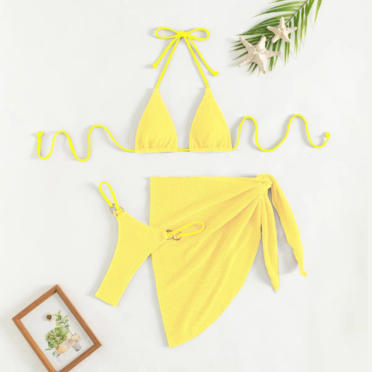Bikini 3 pièces femme jaune – push-up, string et jupe assortie vue 1