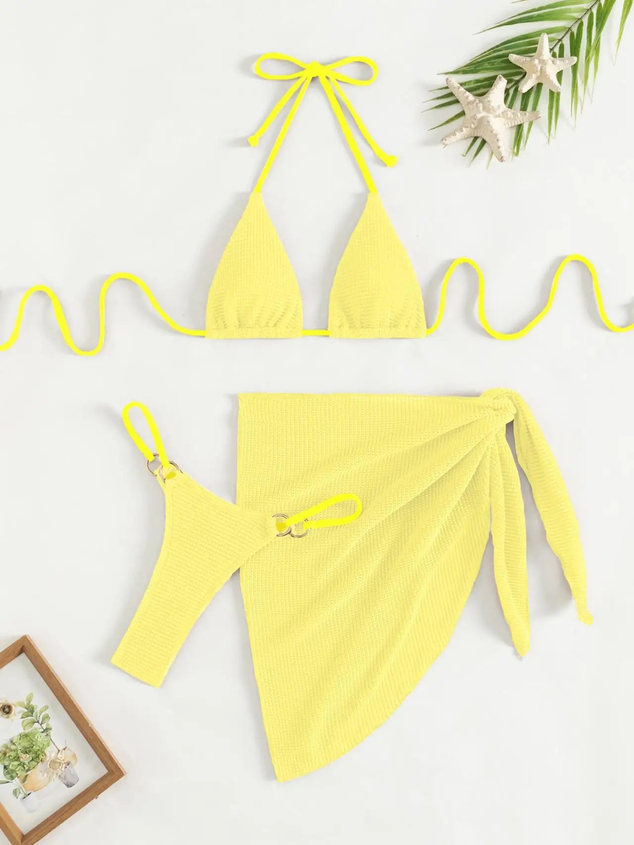 Bikini 3 pièces femme jaune – push-up, string et jupe assortie vue 2