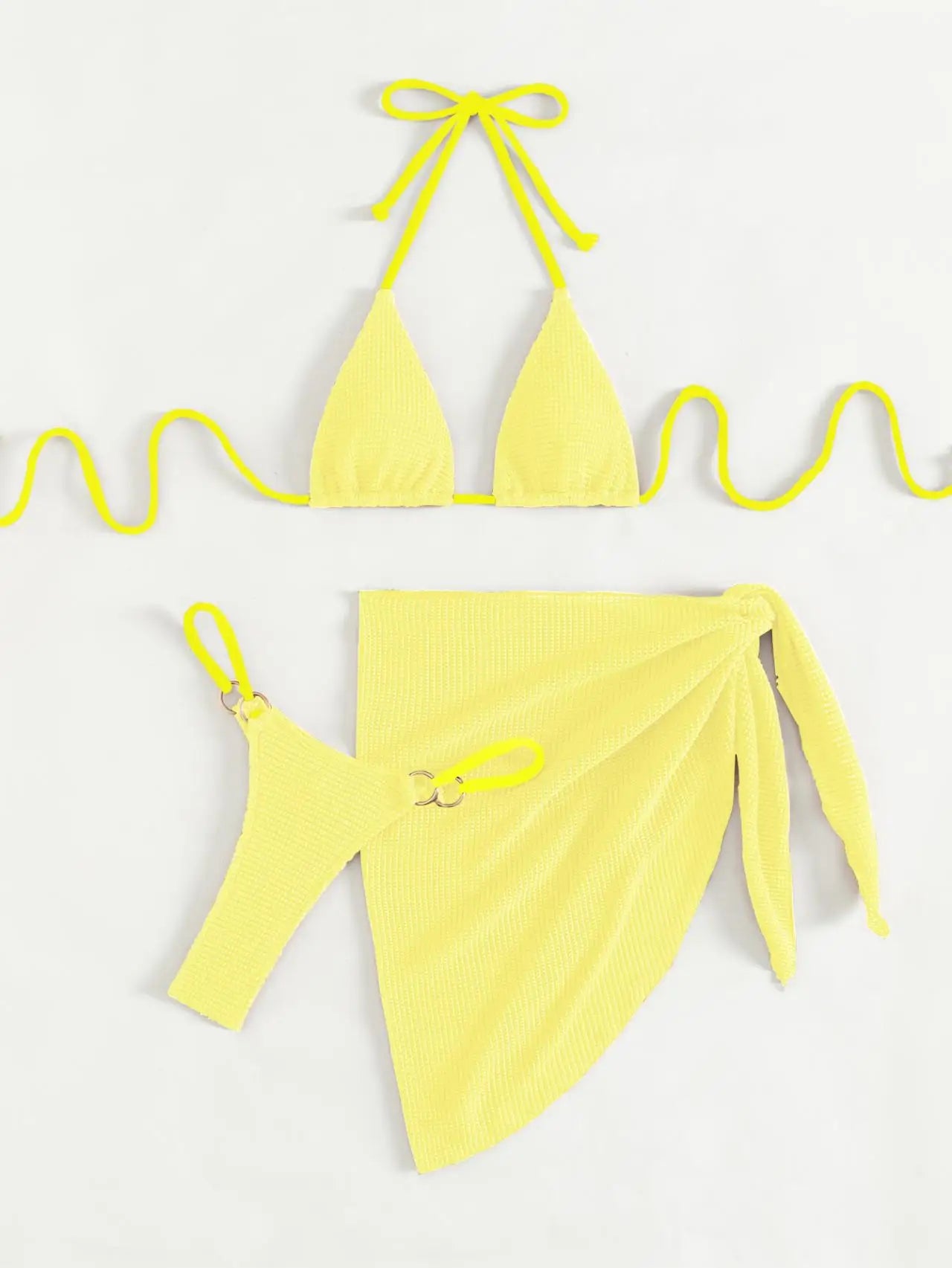 Bikini 3 pièces femme jaune – push-up, string et jupe assortie vue 3