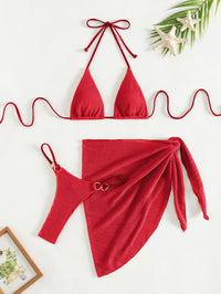 Bikini 3 pièces femme couleur rouge – push-up, string et jupe assortie vue 2