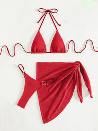 Bikini 3 pièces femme couleur rouge – push-up, string et jupe assortie vue 3