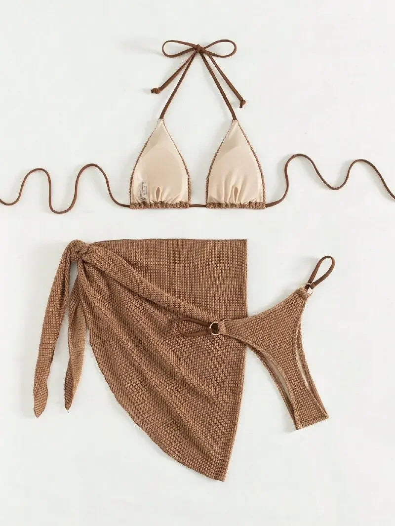 Maillot bain 3 pièces marron – jupe, string, haut push-up