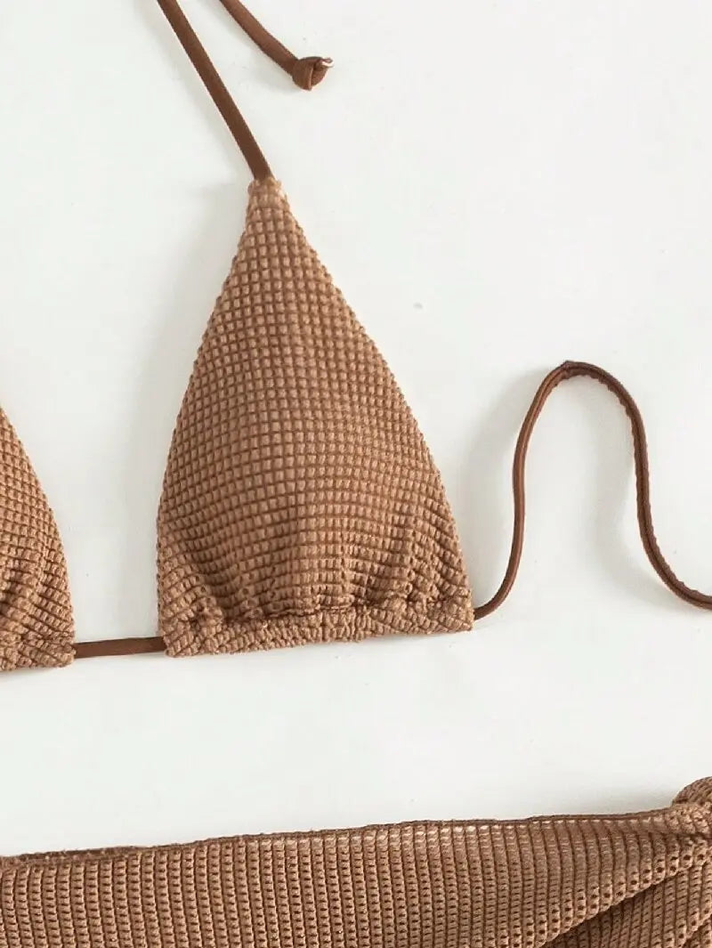 Jupe et string assortis bikini femme café – tissu nervuré