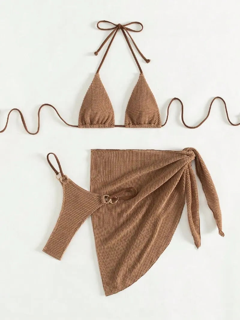 Ensemble bikini marron – jupe, bas échancré et soutien-gorge